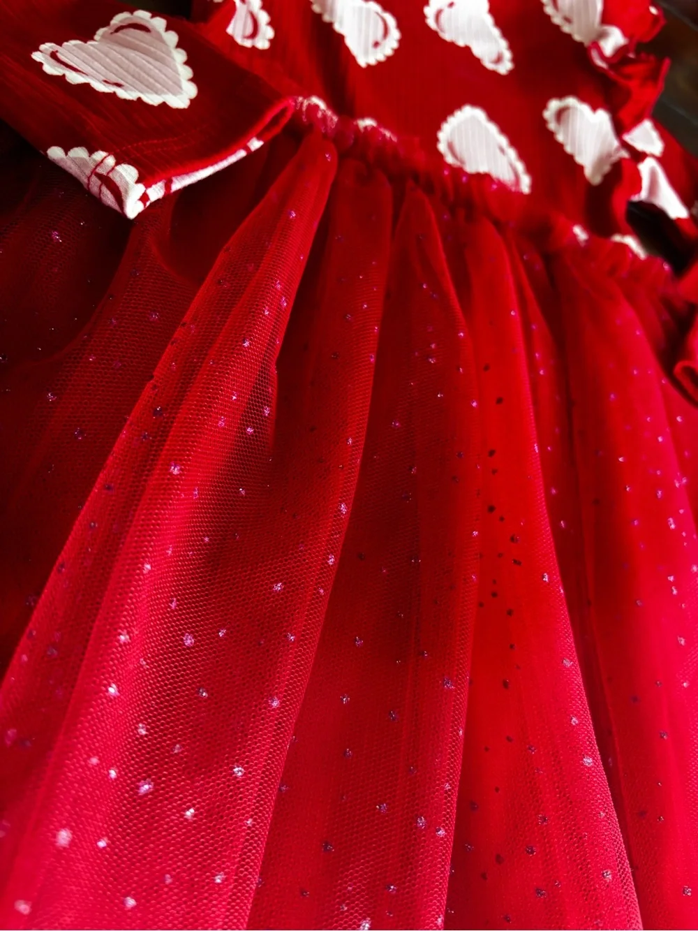 Girls' Red Heart Print Tulle Dress